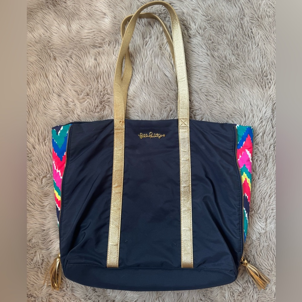 Lilly Pulitzer Navy Tote with Gold Straps